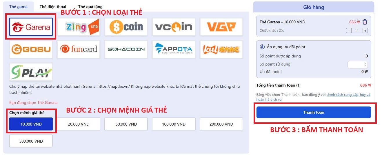 Chọn mệnh giá thẻ